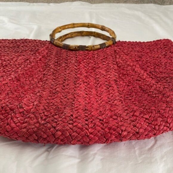Vintage Large Red Woven Wicker Bamboo Handle Beach Bag Handbag Purse - Picture 6 of 15